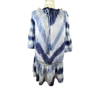 Boho Me Blue Tie Dye Off Shoulder Tunic Dress SZ:M Bell Sleeve Crochet Cover Up